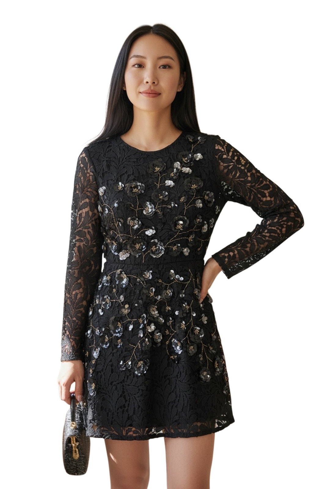 Muse By Marchesa Iris Schiffli Lace Floral Embroidered Long Sleeve Mini Dress 4